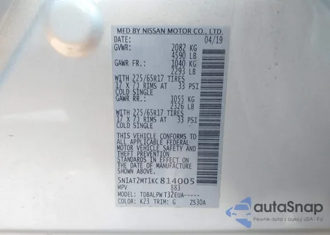 2019 Nissan Rogue S z USA, uszkodzony, nr VIN 5N1AT2MT1KC814005